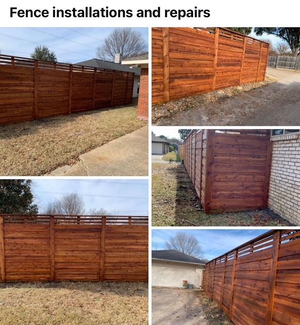 Collage of stained horizontal cedar privacy fences installed and repaired