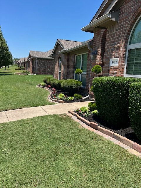 Edged shrub beds with topiaries and fresh mulch along a front sidewalk
