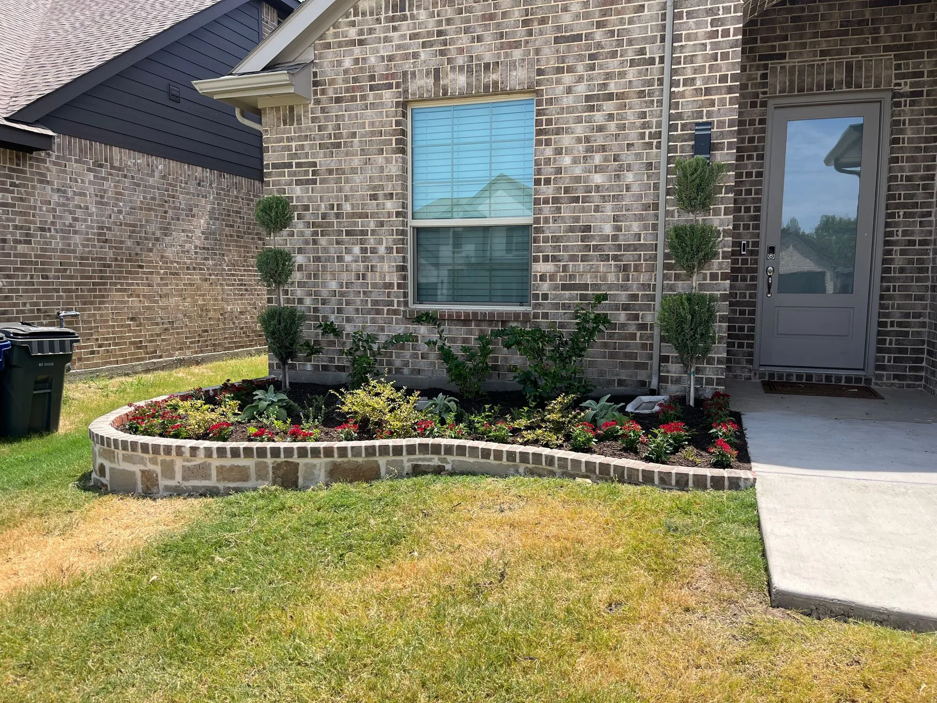 Curved stone-edged front bed with topiaries, agaves and red flowers