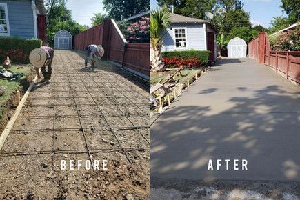 Before and after of a side-yard walkway formed with rebar and finished as a smooth concrete path