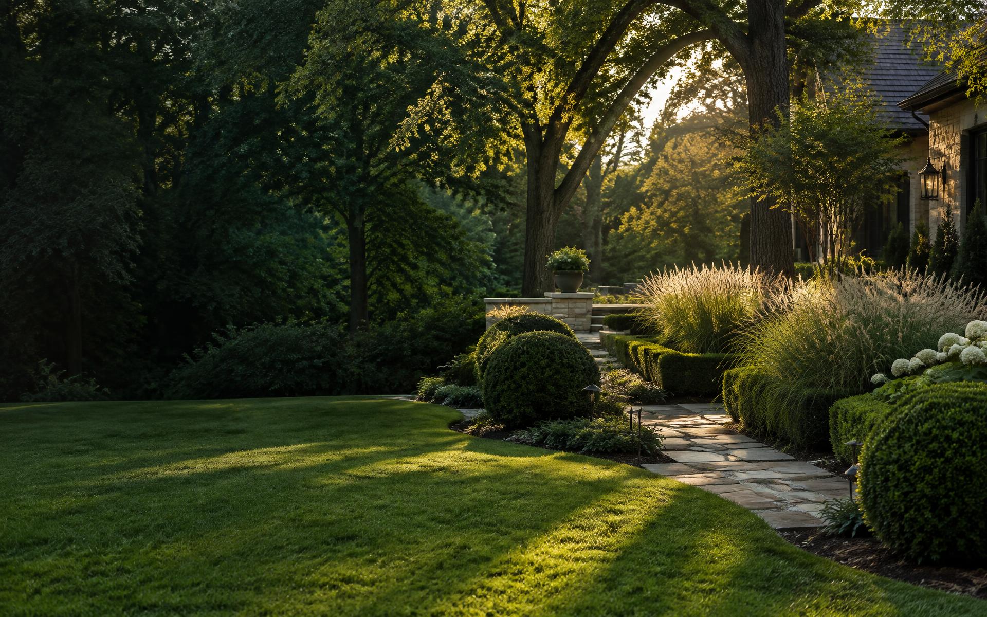 A sunlit garden with sculpted hedges, ornamental grasses and a stone pathway