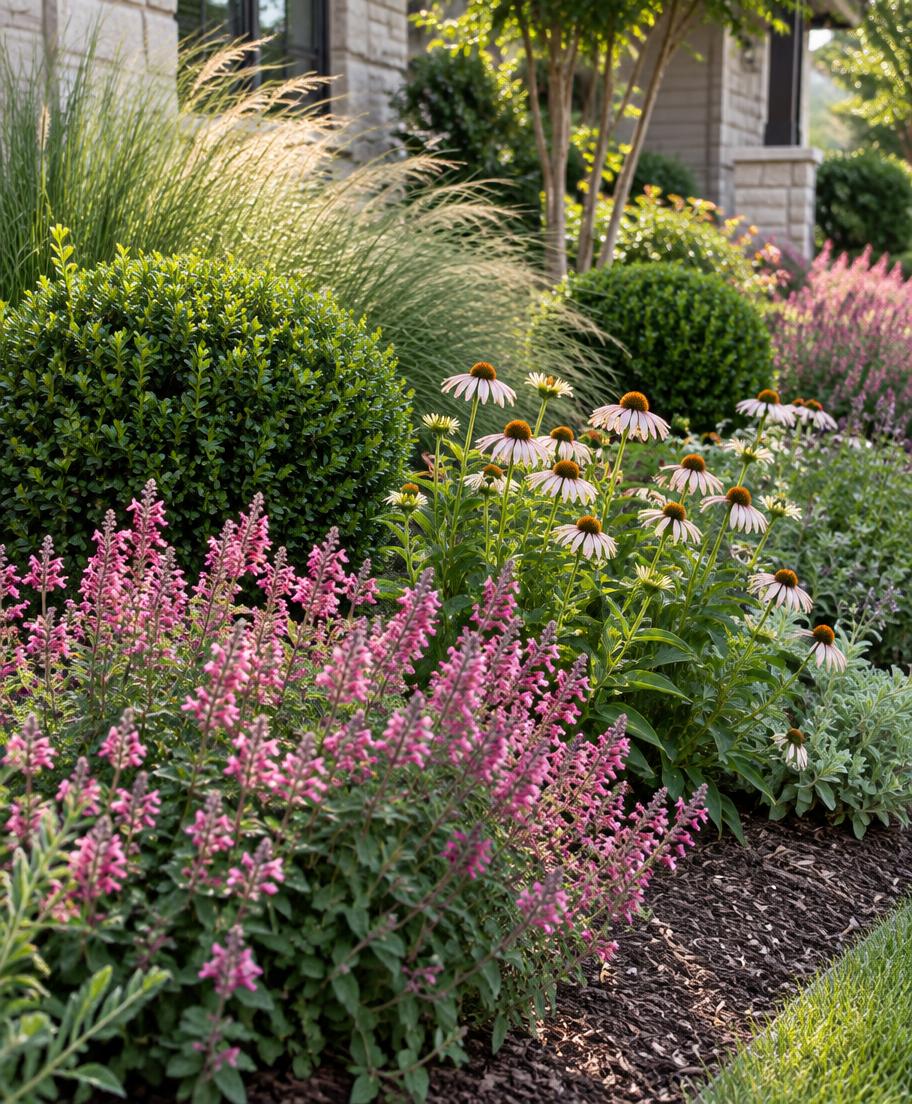 Layered pink flowers, ornamental grasses and sculpted shrubs