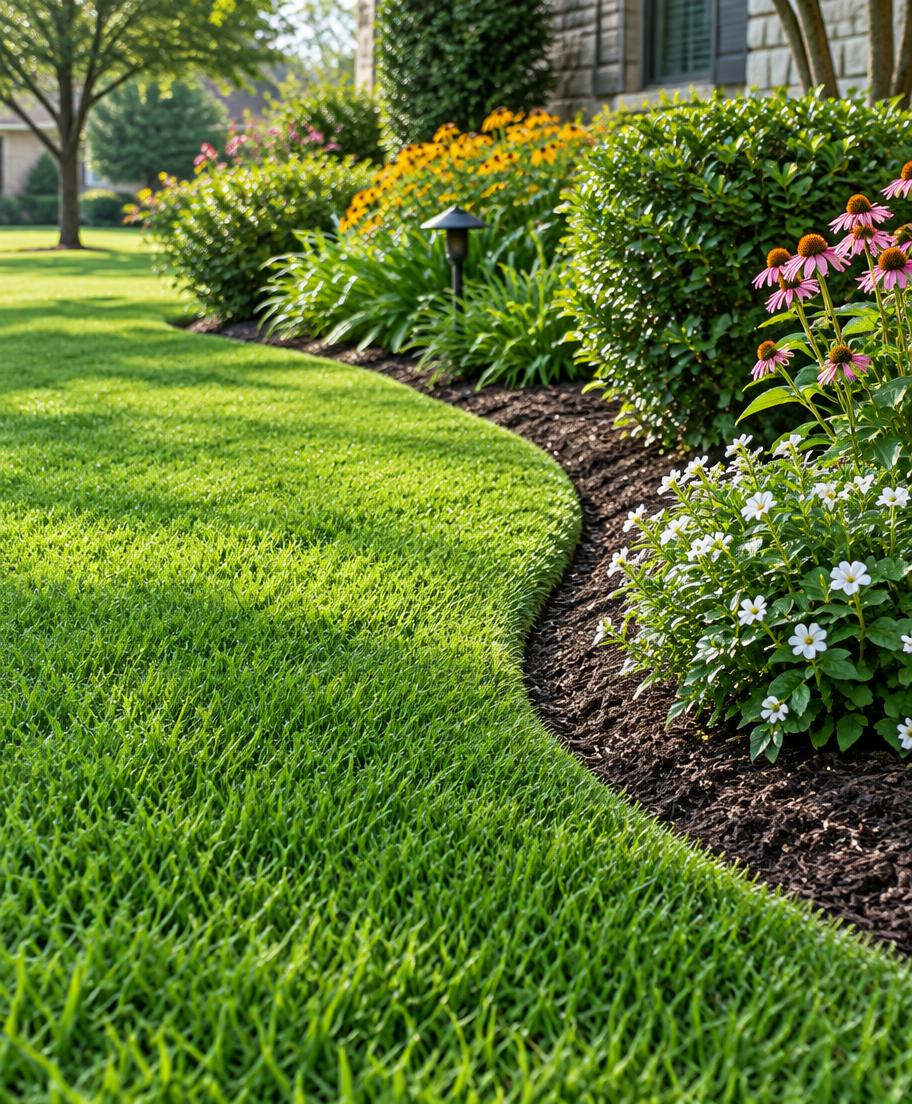 A freshly edged green lawn alongside a flowering garden bed