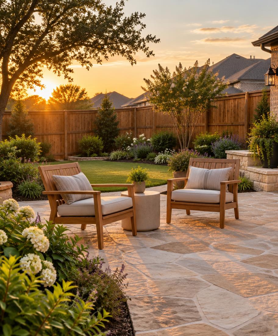 An inviting stone patio with wooden chairs and landscaped borders